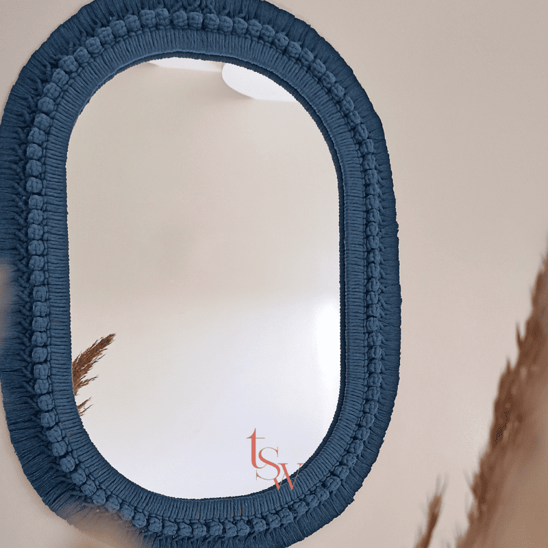 Miroir ovale bleu en macramé – Décoration murale bohème faite main