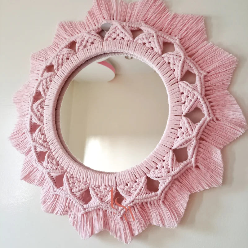 Baby Pink Macrame Round Mirror – Boho Chic Wall Decor