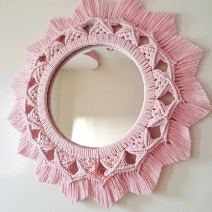 Baby Pink Macrame Round Mirror – Boho Chic Wall Decor