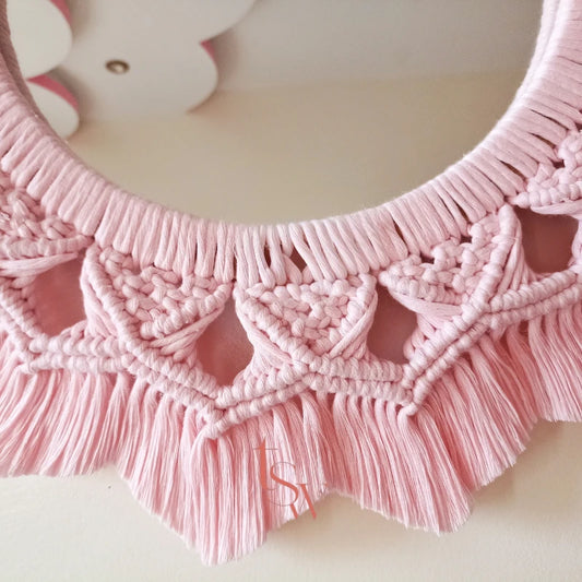 Baby Pink Macrame Round Mirror – Boho Chic Wall Decor