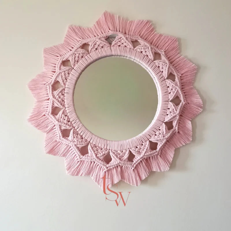 Baby Pink Macrame Round Mirror – Boho Chic Wall Decor