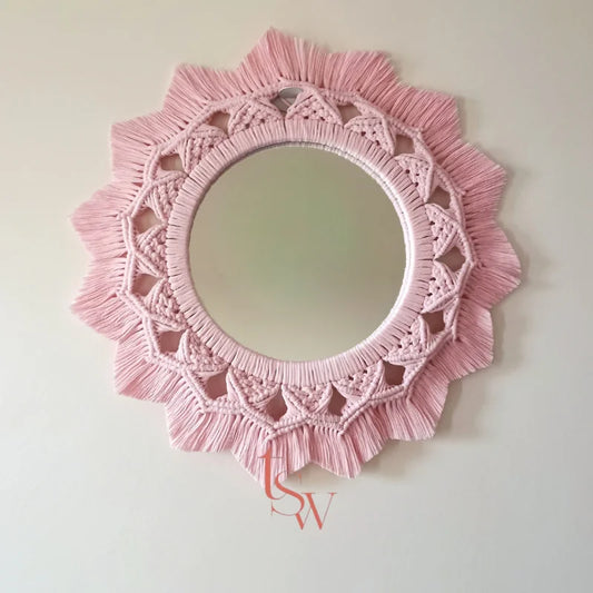 Baby Pink Macrame Round Mirror – Boho Chic Wall Decor