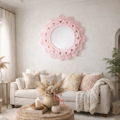 Baby Pink Macrame Round Mirror – Boho Chic Wall Decor