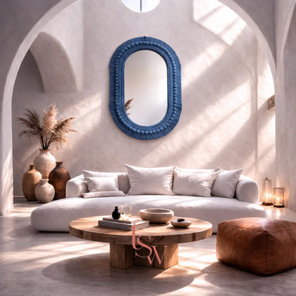 Miroir ovale bleu en macramé – Décoration murale bohème faite main