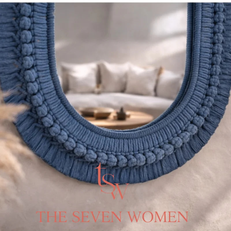 Blue Oval Macrame Mirror – Handmade Boho Wall Decor
