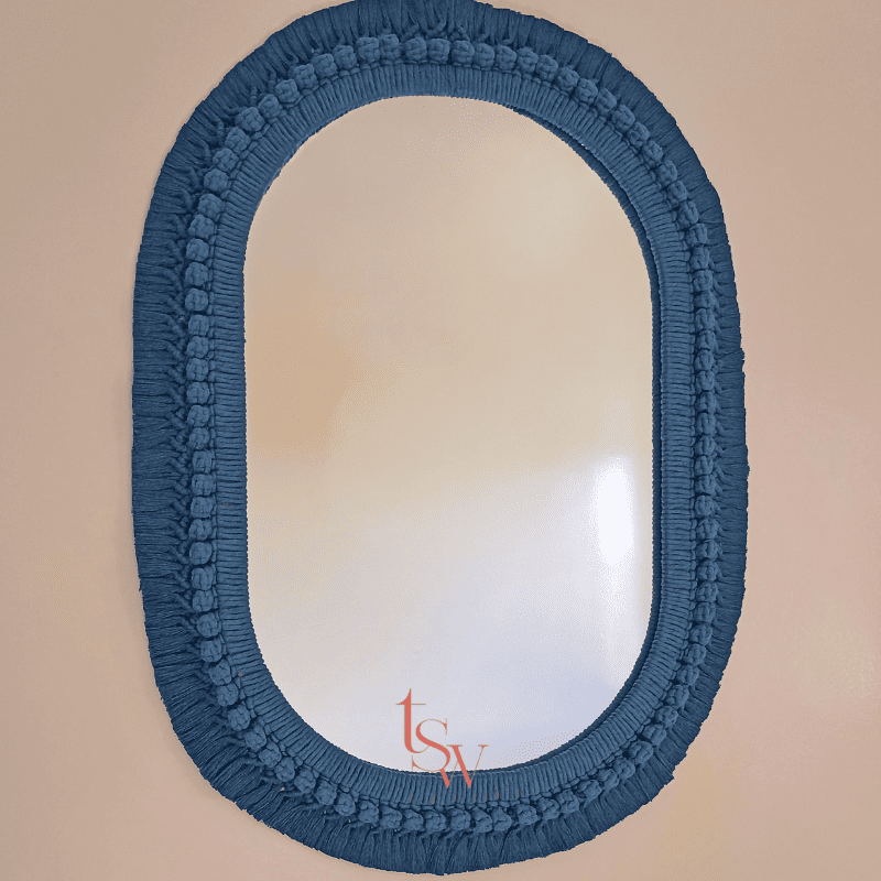 Blue Oval Macrame Mirror – Handmade Boho Wall Decor