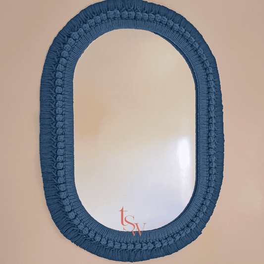 Blue Oval Macrame Mirror – Handmade Boho Wall Decor