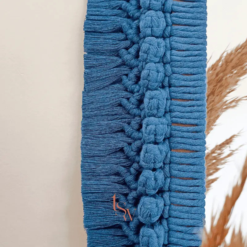 Miroir ovale bleu en macramé – Décoration murale bohème faite main