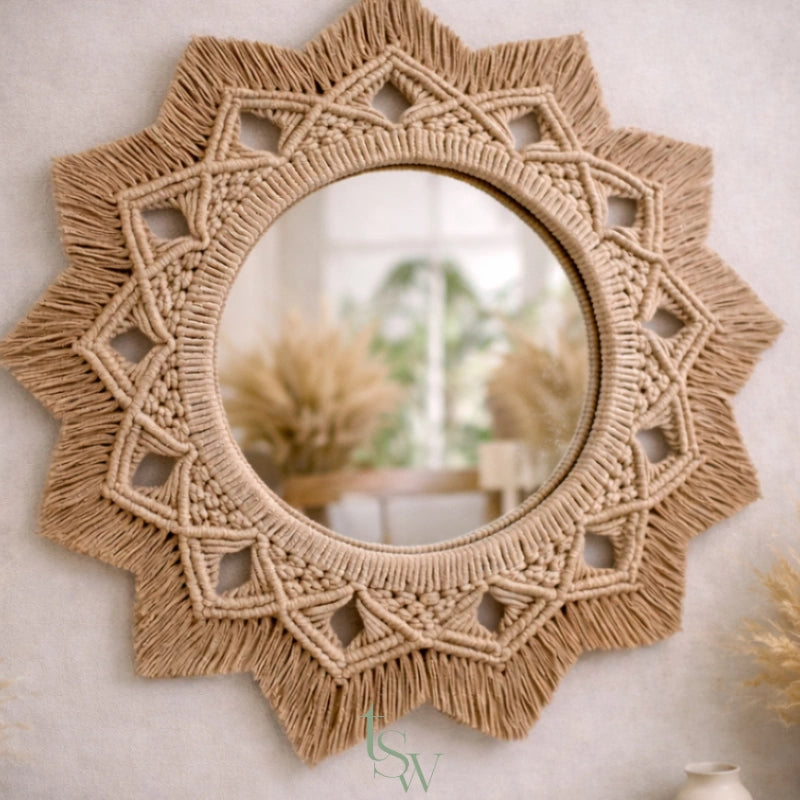 Boho Macramé Mirror & Mandala Wall Set – Handmade Elegance