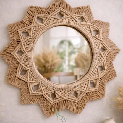 Boho Macramé Mirror & Mandala Wall Set – Handmade Elegance