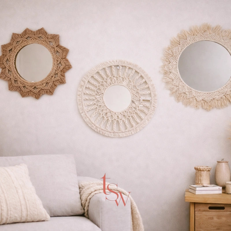Boho Macramé Mirror & Mandala Wall Set – Handmade Elegance