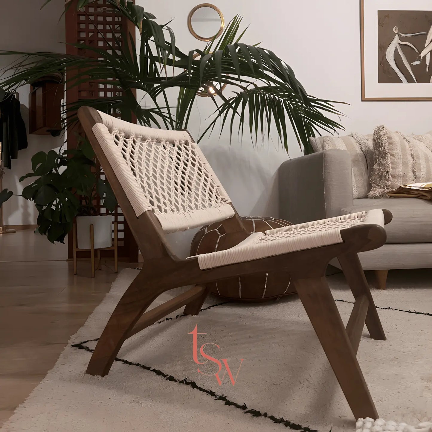 Macramé and walnut chair — handcrafted piece