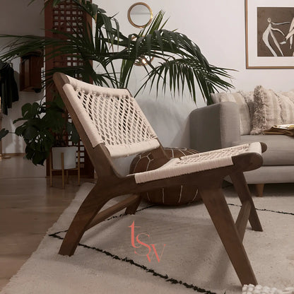 Macramé and walnut chair — handcrafted piece