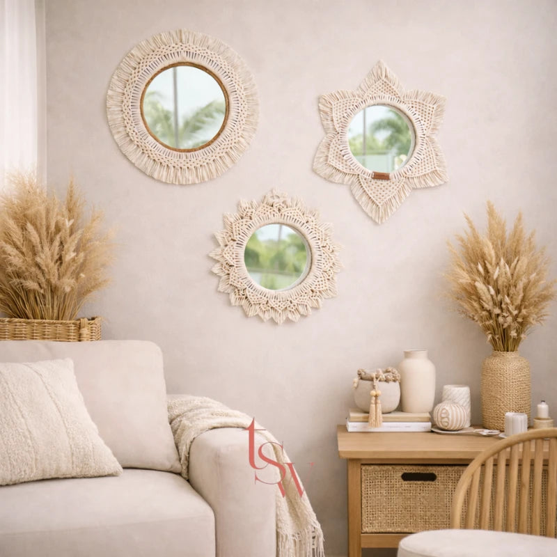Macrame Mirror Set Moon Sun Flower