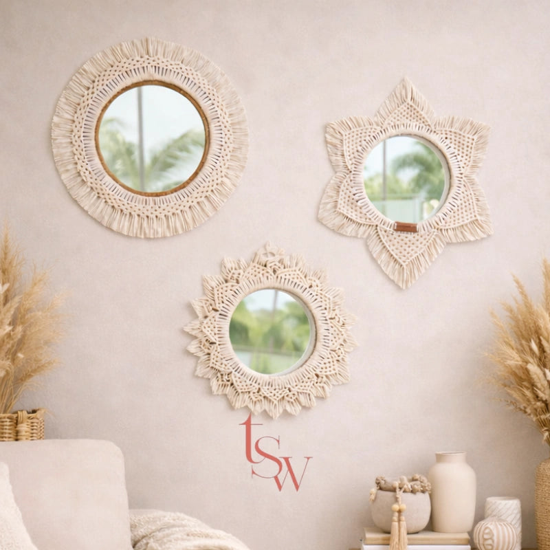 Macrame Mirror Set Moon Sun Flower